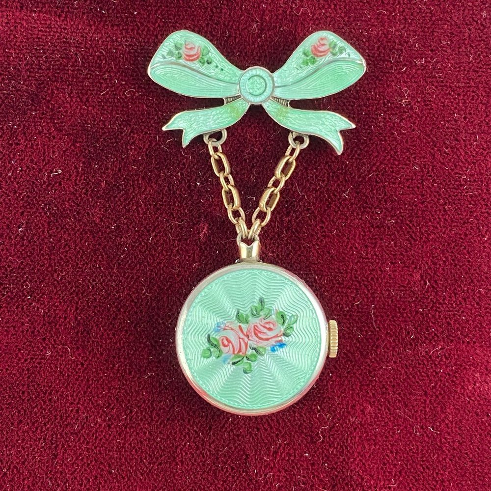 Vintage Chase Pin Watch working hand made Green Guilloche Enamel with Pink Roses